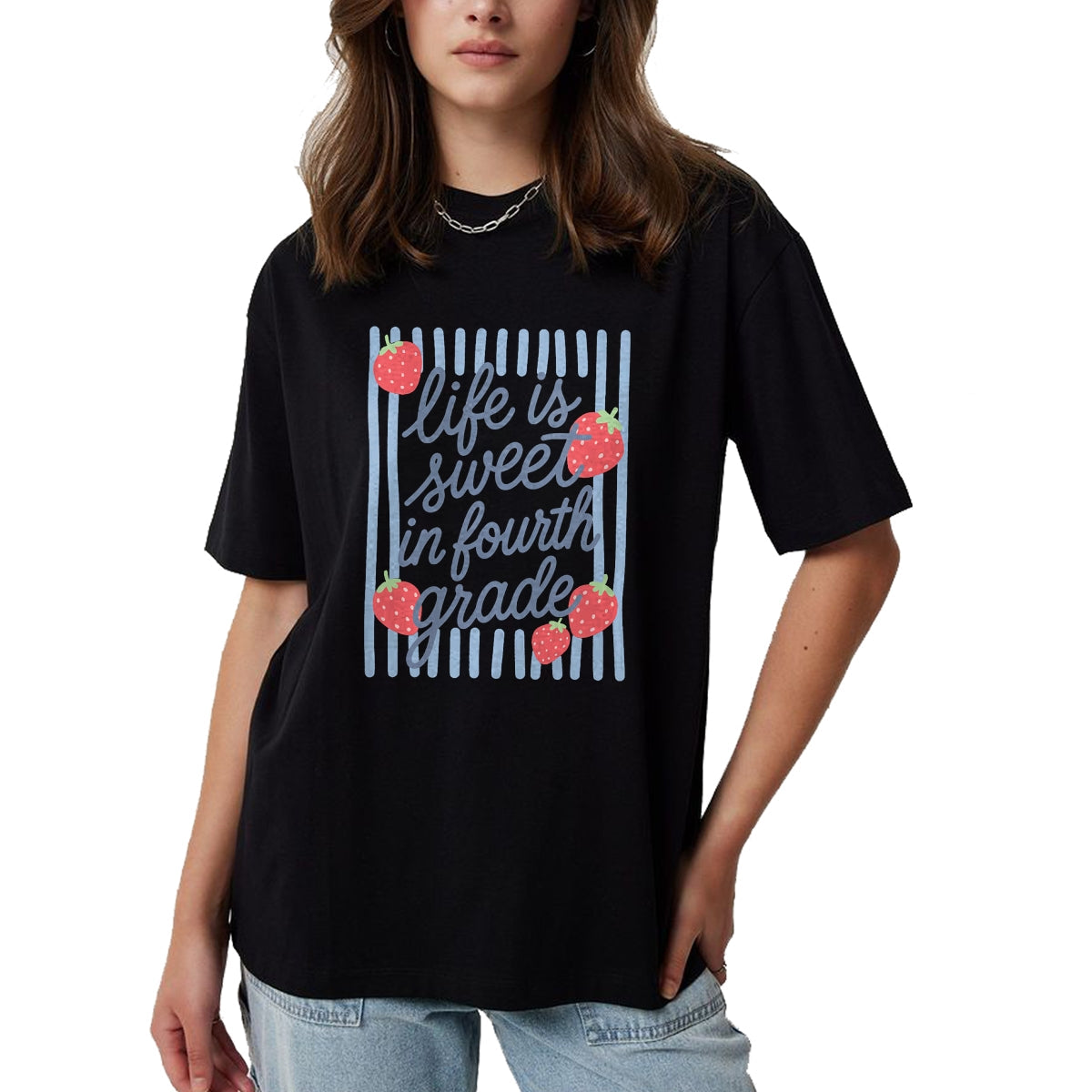 Best Student Shirt, Funny Back To School UnisexT-Shirt/Hoodie/Sweatshirt HLT00 - Striped Fourth Grade Strawberries Teacher Back to School T-Shirt