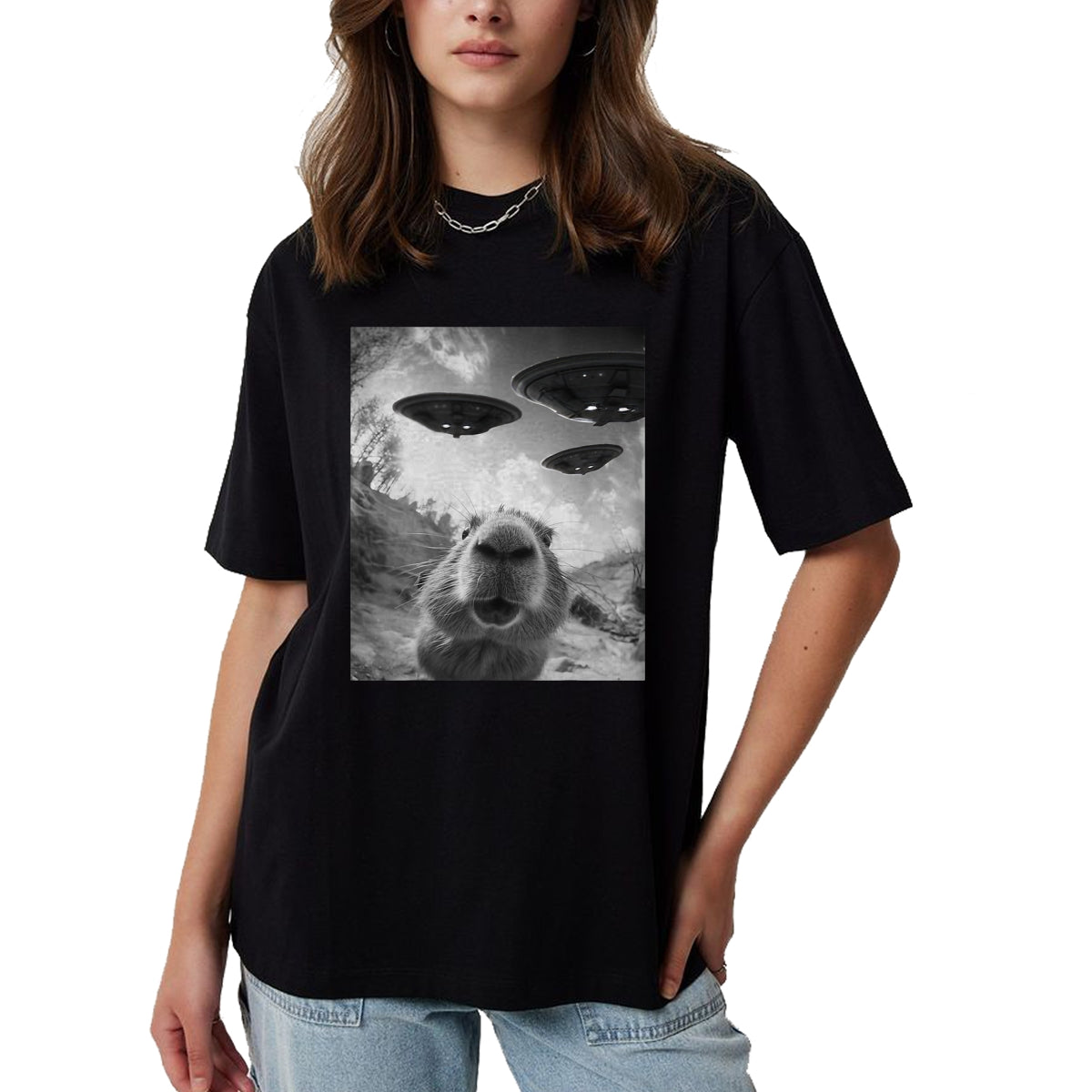 Cute Capybara Shirt, Funny Capybara Unisex T-Shirt/Hoodie/Sweatshirt HLT00 - Funny Capybara Selfie with UFOs Weird Graphic Tee Alien UFO T-Shirt