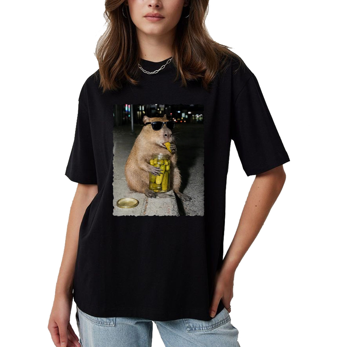 Cute Capybara Shirt, Funny Capybara Unisex T-Shirt/Hoodie/Sweatshirt HLT00 - Funny Capybara Eating Pickles Meme T-Shirt, Men, Black, 3X-Large