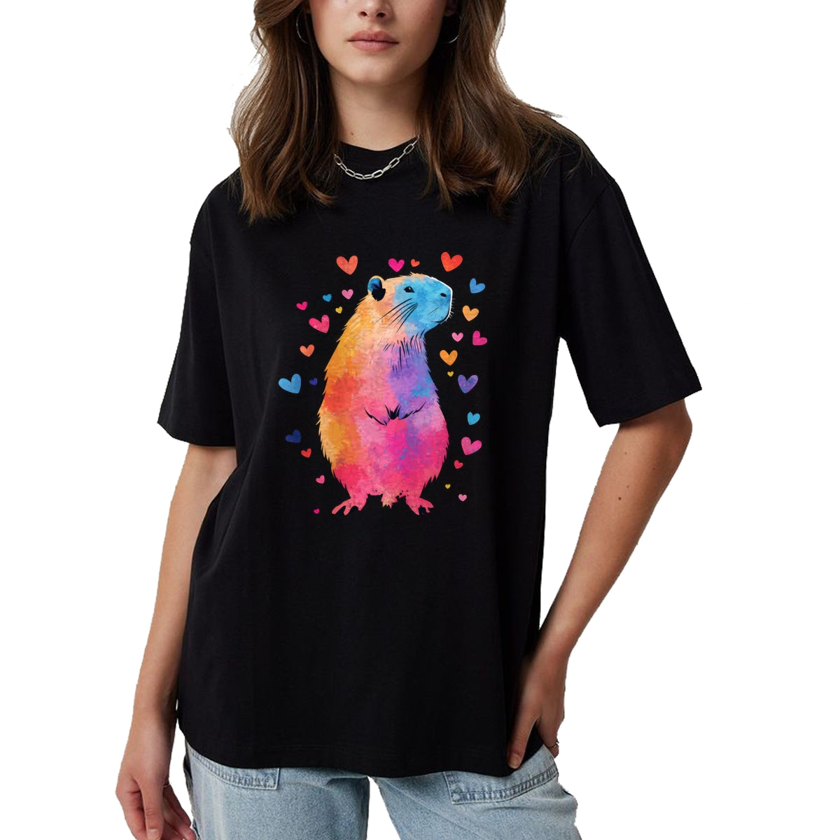 Cute Capybara Shirt, Funny Capybara Unisex T-Shirt/Hoodie/Sweatshirt HLT00 - Colorful Capybara Hearts Long Sleeve T-Shirt