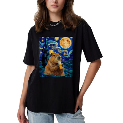 Cute Capybara Shirt, Funny Capybara Unisex T-Shirt/Hoodie/Sweatshirt HLT00 - Capybara in Van Gogh Starry Night Don_t Worry Be Capy Cappy T-Shirt