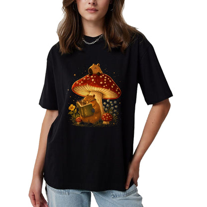 Cute Capybara Shirt, Funny Capybara Unisex T-Shirt/Hoodie/Sweatshirt HLT00 - Capybara Reading Book Mushroom Cottagecore Aesthetic Women T-Shirt