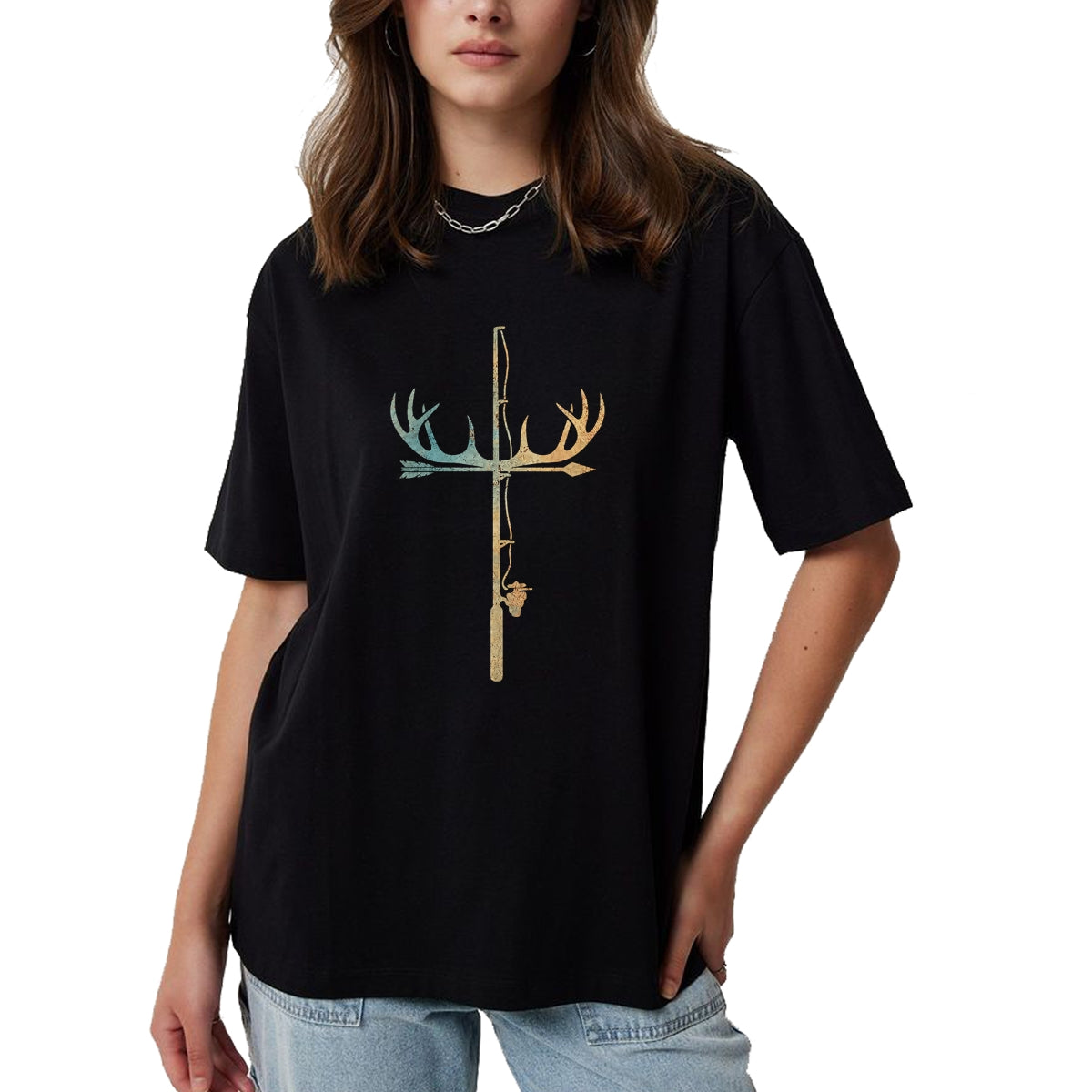 Funny Fishing Shirt, Gift For Fishing Lover Unisex T-Shirt/Hoodie/Sweatshirt HLT00 - Antler Fishing Rod Cross God Family Hunting Fishing T-Shirt
