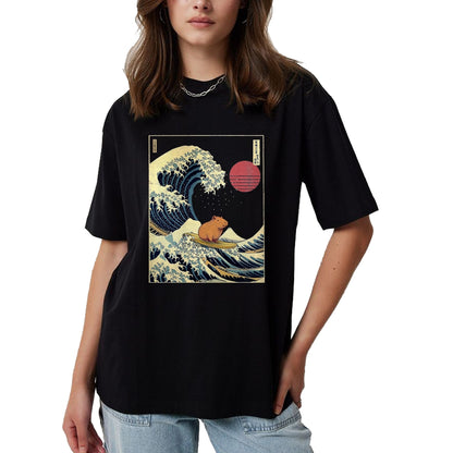 Cute Capybara Shirt, Funny Capybara Unisex T-Shirt/Hoodie/Sweatshirt HLT00 - Capybara Japanese Kanagawa Wave Funny Surf Animal T-Shirt, Men, Black, 3X-Large