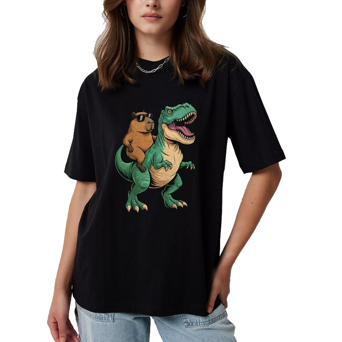 Cute Capybara Shirt, Funny Capybara Unisex T-Shirt/Hoodie/Sweatshirt HLT00 - Capybara Riding T-Rex T-Shirt