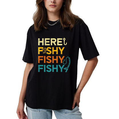 Funny Fishing Shirt, Gift For Fishing Lover Unisex T-Shirt/Hoodie/Sweatshirt HLT00 - Fishing Here Fishy Retro Fish Lover Fisherman Men Women Kids T-Shirt