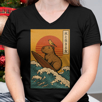 Cute Capybara Shirt, Funny Capybara Unisex T-Shirt/Hoodie/Sweatshirt HLT00 - Capybara Surfing Japanese T-Shirt