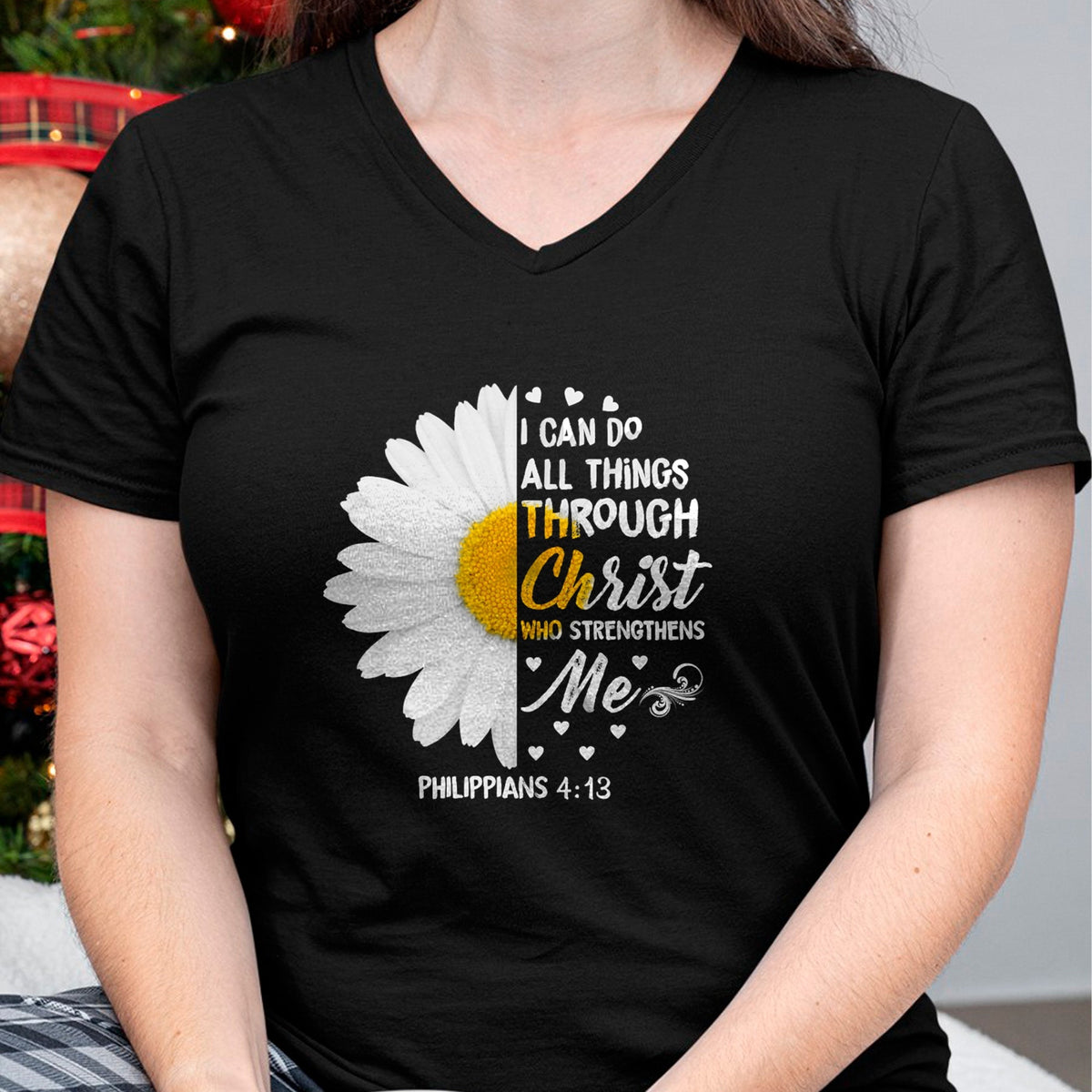 Christian Tee, Christian Faith Unisex T-Shirt/Hoodie/Sweatshirt HLT00 - I Can Do All Things Through Christ - Daisy Flower Religious T-Shirt (1)