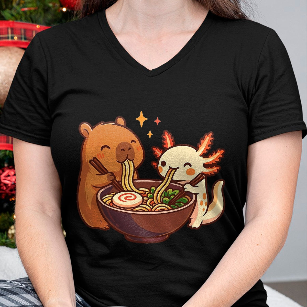 Cute Capybara Shirt, Funny Capybara Unisex T-Shirt/Hoodie/Sweatshirt HLT00 - Capybara with Axolotl Eats Noodles Ramen Kawaii T-Shirt, Men, Black, 3X-Large