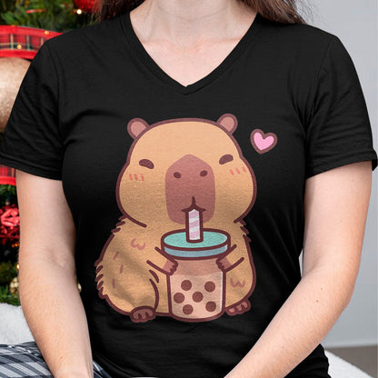 Cute Capybara Shirt, Funny Capybara Unisex T-Shirt/Hoodie/Sweatshirt HLT00 - Cute Capybara Kawaii Anime Drinking Bubble Tea Lover Girls T-Shirt