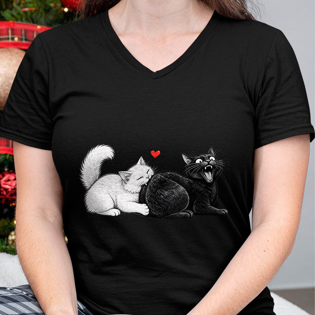 Cat Love Shirt, Funny Cat Lover Gift UnisexT-Shirt/Hoodie/Sweatshirt HLT00 - Women_s Funny Cat Couple Black White Cats Love Cat Biting Cat Butt V-Neck T-Shirt (1)