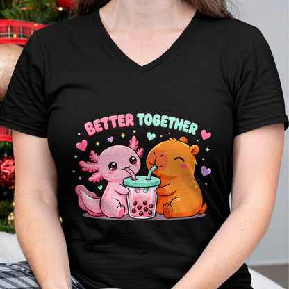 Cute Capybara Shirt, Funny Capybara Unisex T-Shirt/Hoodie/Sweatshirt HLT00 - Cute Capybara and Axolotl Bubble Tea Boba Girls Kawaii Anime T-Shirt (2)