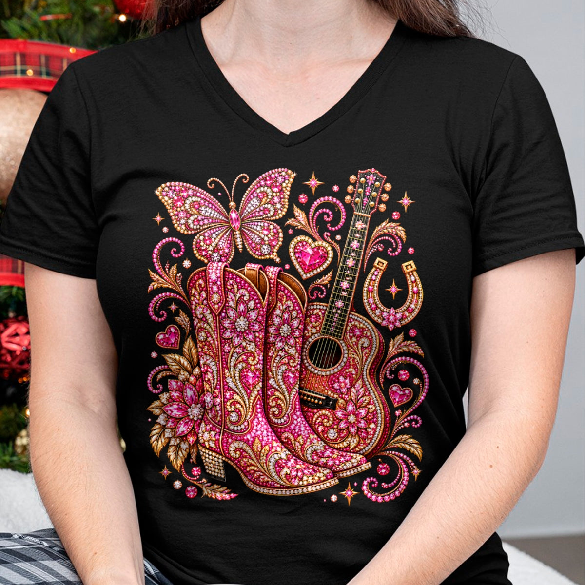 Guitar Lover Shirt, Funny Guitar UnisexT-Shirt/Hoodie/Sweatshirt HLT00 - Pink Butterfly Bling Cowgirl Guitar Western Rhinestone Cute T-Shirt