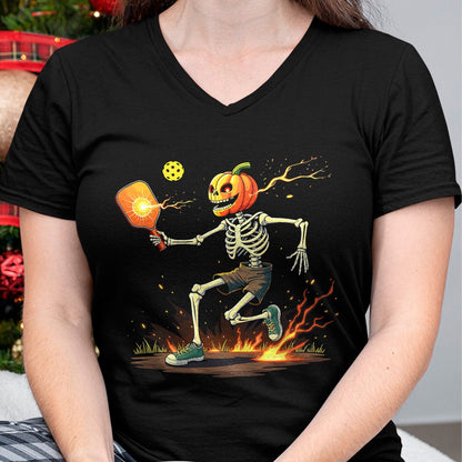 Funny Pickleball Shirt, Pickleball Lover Unisex T-Shirt/Hoodie/Sweatshirt HLT00 - Pumpkin Head Skeleton Pickleball Halloween Spooky Sports T-Shirt