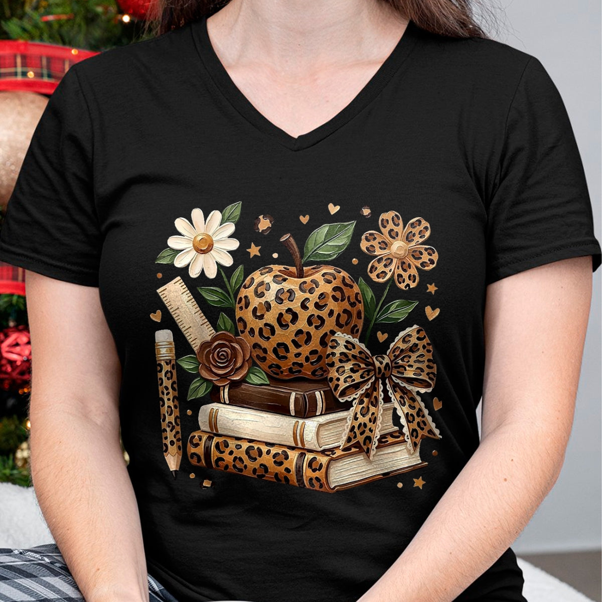 Best Student Shirt, Funny Back To School UnisexT-Shirt/Hoodie/Sweatshirt HLT00 - Leopard Apple Floral Coquette Bow Book Pencil Back to School T-Shirt, Women, White, Medium