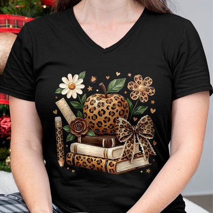 Best Student Shirt, Funny Back To School UnisexT-Shirt/Hoodie/Sweatshirt HLT00 - Leopard Apple Floral Coquette Bow Book Pencil Back to School T-Shirt, Women, White, Medium