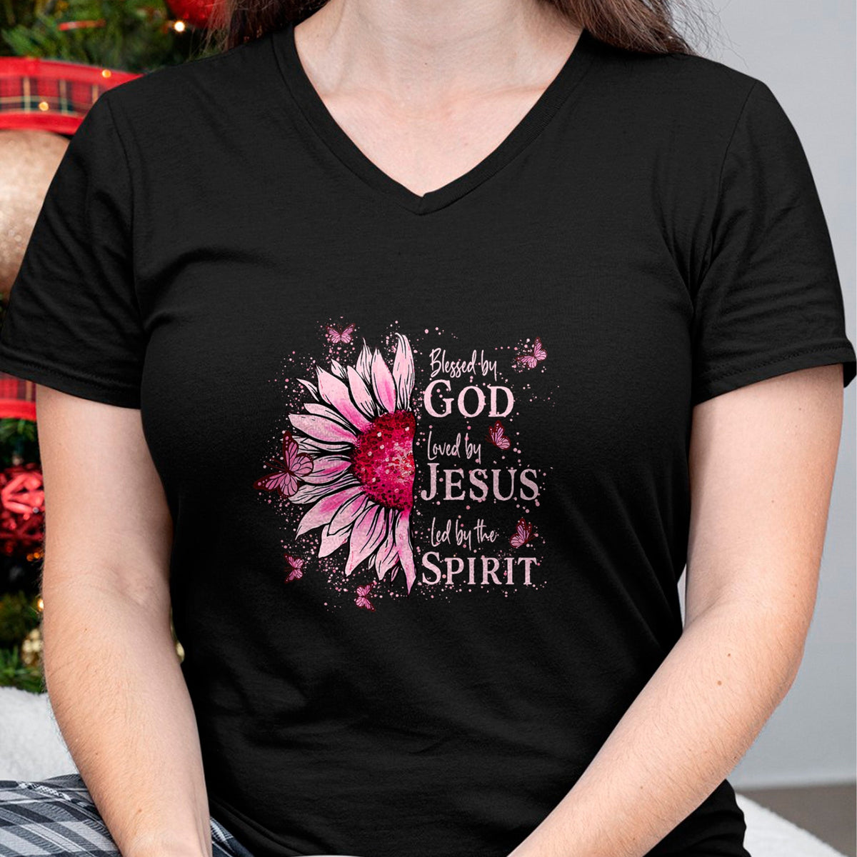 Christian Tee, Christian Faith Unisex T-Shirt/Hoodie/Sweatshirt HLT00 -  Blessed By God - Loved By Jesus Pink Sunflower T-Shirt