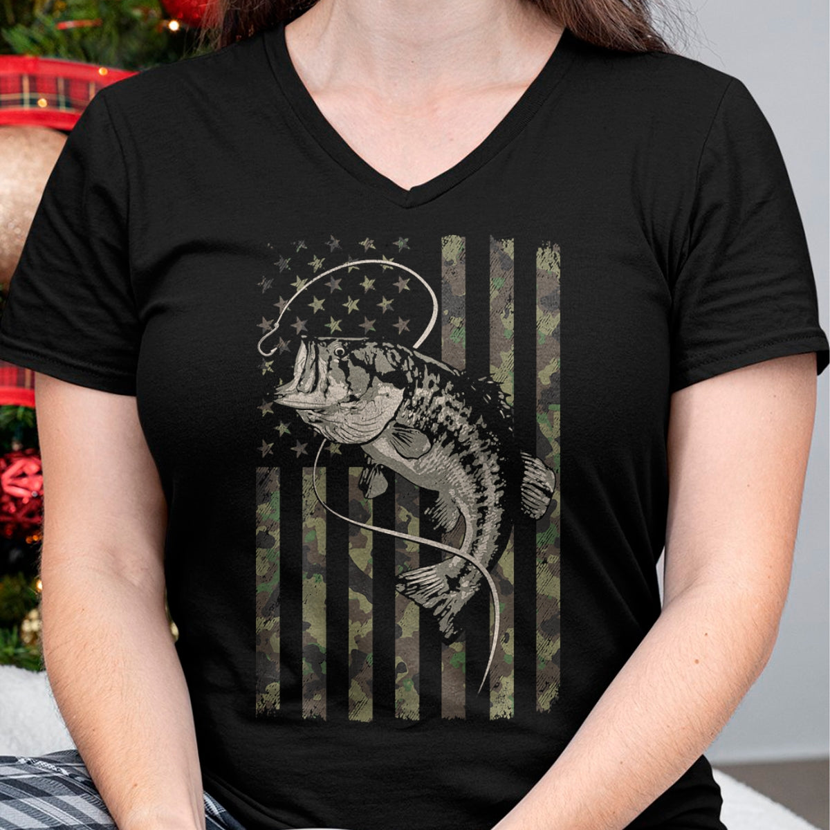Funny Fishing Shirt, Gift For Fishing Lover Unisex T-Shirt/Hoodie/Sweatshirt HLT00 - Fishing Camo American Flag Bass Fish (Design on Back) T-Shirt