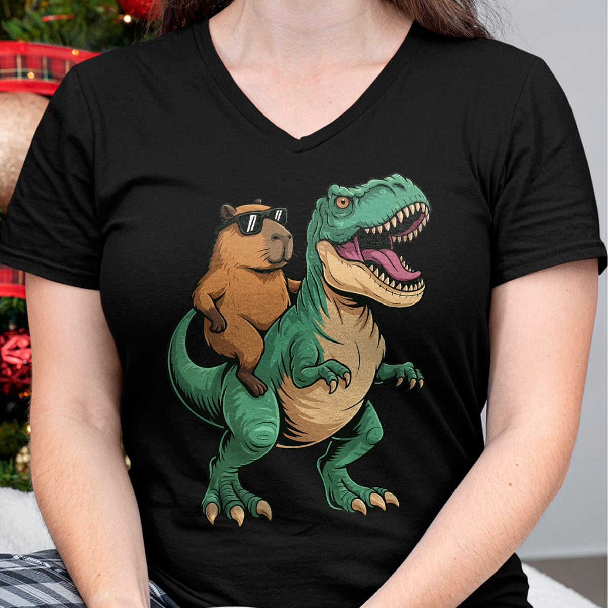 Cute Capybara Shirt, Funny Capybara Unisex T-Shirt/Hoodie/Sweatshirt HLT00 - Capybara Riding T-Rex T-Shirt