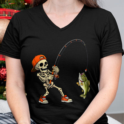 Funny Fishing Shirt, Gift For Fishing Lover Unisex T-Shirt/Hoodie/Sweatshirt HLT00 - Halloween Skeleton Fishing Bass Fisherman Funny Spooky T-Shirt