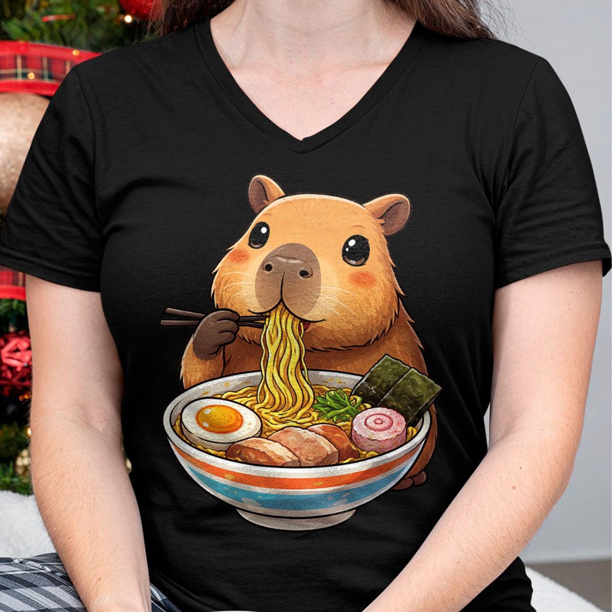 Cute Capybara Shirt, Funny Capybara Unisex T-Shirt/Hoodie/Sweatshirt HLT00 - Capybara Eating Ramen Noodles Japanese Kawaii Graphic T-Shirt