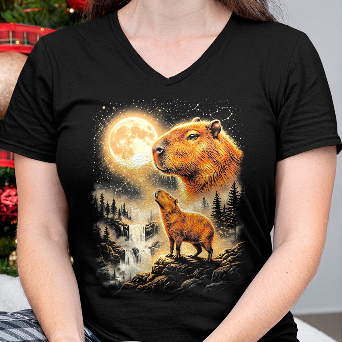 Cute Capybara Shirt, Funny Capybara Unisex T-Shirt/Hoodie/Sweatshirt HLT00 - Capybara Howling At The Moon Forest Waterfall Art T-Shirt