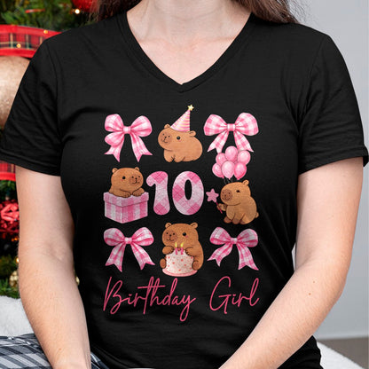 Cute Capybara Shirt, Funny Capybara Unisex T-Shirt/Hoodie/Sweatshirt HLT00 - Coquette 10th Birthday Girl Cute Capybara Bow 10 Year Old T-Shirt