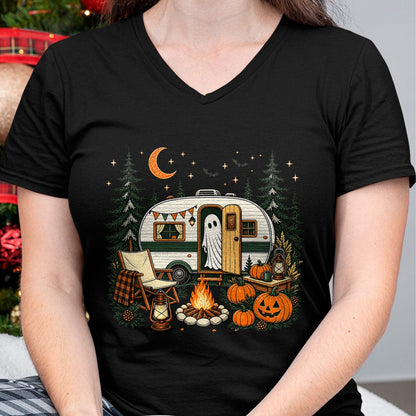 Funny Camping Shirt, Gift For Camping Lover Unisex T-Shirt/Hoodie/Sweatshirt HLT00 - Halloween Ghost Fall RV Camping Autumn Moon Night Funny T-Shirt
