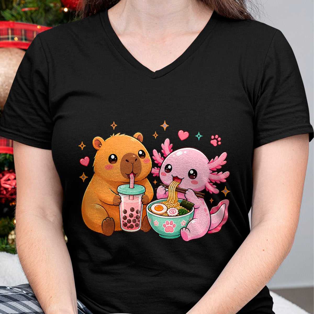 Cute Capybara Shirt, Funny Capybara Unisex T-Shirt/Hoodie/Sweatshirt HLT00 - Cute Capybara Axolotl Boba Ramen Anime Kawaii Foodie Friends T-Shirt