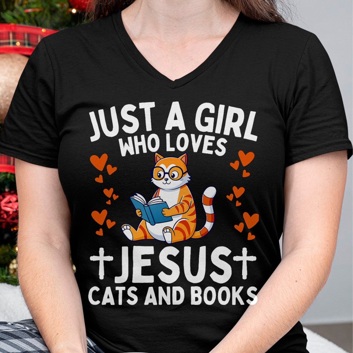 Cat Love Shirt, Funny Cat Lover Gift UnisexT-Shirt/Hoodie/Sweatshirt HLT00 - Just A Girl Who Loves Jesus Cats and Books Christian T-Shirt (1)