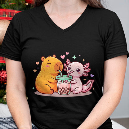 Cute Capybara Shirt, Funny Capybara Unisex T-Shirt/Hoodie/Sweatshirt HLT00 - Cute Capybara and Axolotl Bubble Tea Boba Girls Kawaii T-Shirt