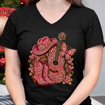 Guitar Lover Shirt, Funny Guitar UnisexT-Shirt/Hoodie/Sweatshirt HLT00 - Bedazzled Butterfly Pink Cowboy Guitar Country T-Shirt