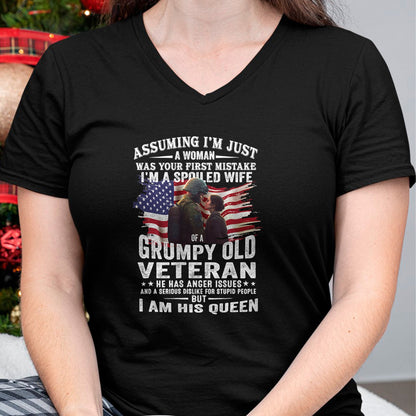 Best Wife Shirt, Wife and Husband Unisex T-Shirt/Hoodie/Sweatshirt HLT00 - Gift for wife T shirt, spoiled wife   Womens I'm A Spoiled Wife Of A Grumpy Old Veteran (On Back) V-