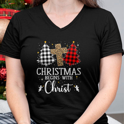 Christian Tee, Christian Faith Unisex T-Shirt/Hoodie/Sweatshirt HLT00 - Christmas Begins With Christ Jesus Cross Christian Christmas T-Shirt
