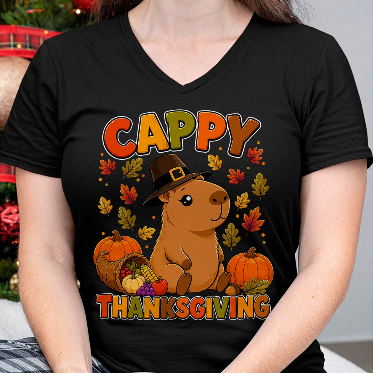 Cute Capybara Shirt, Funny Capybara UnisexT-Shirt/Hoodie/Sweatshirt HLT00 - Cappy Thanksgiving Cute Capybara Autumn Fall Leaves Pumpkin T-Shirt