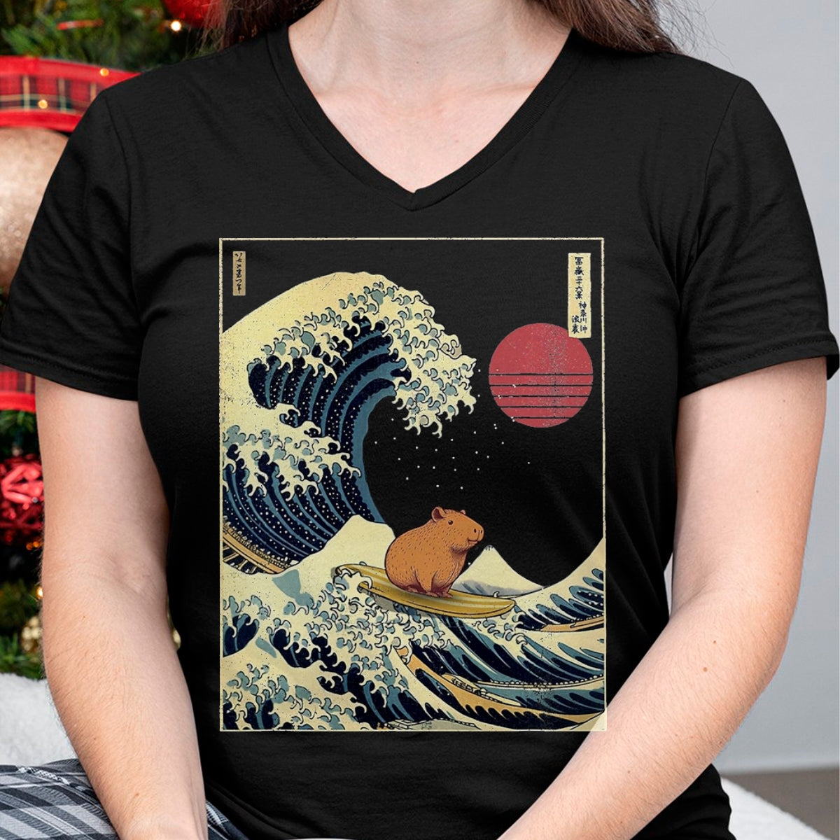 Cute Capybara Shirt, Funny Capybara Unisex T-Shirt/Hoodie/Sweatshirt HLT00 - Capybara Japanese Kanagawa Wave Funny Surf Animal T-Shirt, Men, Black, 3X-Large