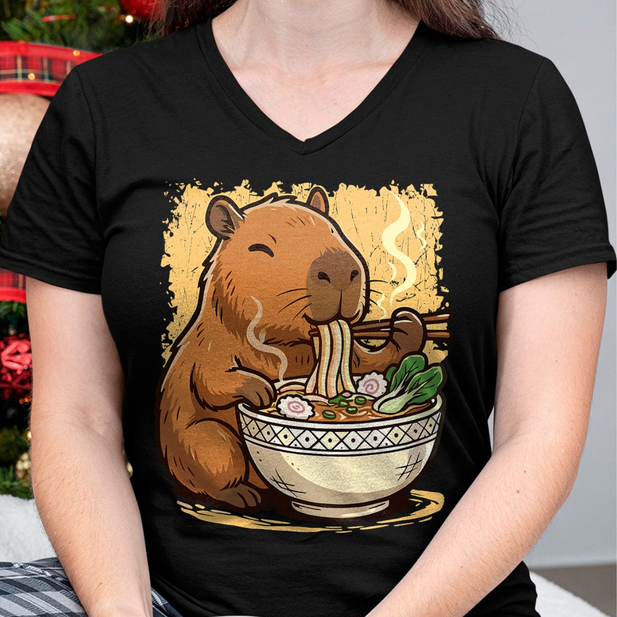 Cute Capybara Shirt, Funny Capybara Unisex T-Shirt/Hoodie/Sweatshirt HLT00 - Capybara Eating Ramen Noodles T-Shirt