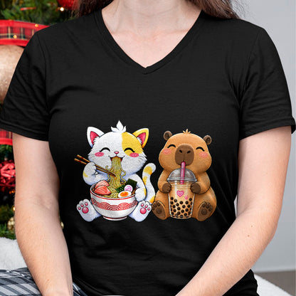 Cute Capybara Shirt, Funny Capybara Unisex T-Shirt/Hoodie/Sweatshirt HLT00 - Cute Cat Capybara Ramen Boba Kawaii Anime Noodle Bubble Tea T-Shirt
