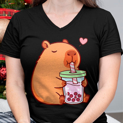 Cute Capybara Shirt, Funny Capybara Unisex T-Shirt/Hoodie/Sweatshirt HLT00 - Cute Capybara Kawaii Anime Girls Drinking Boba Tea Lover T-Shirt