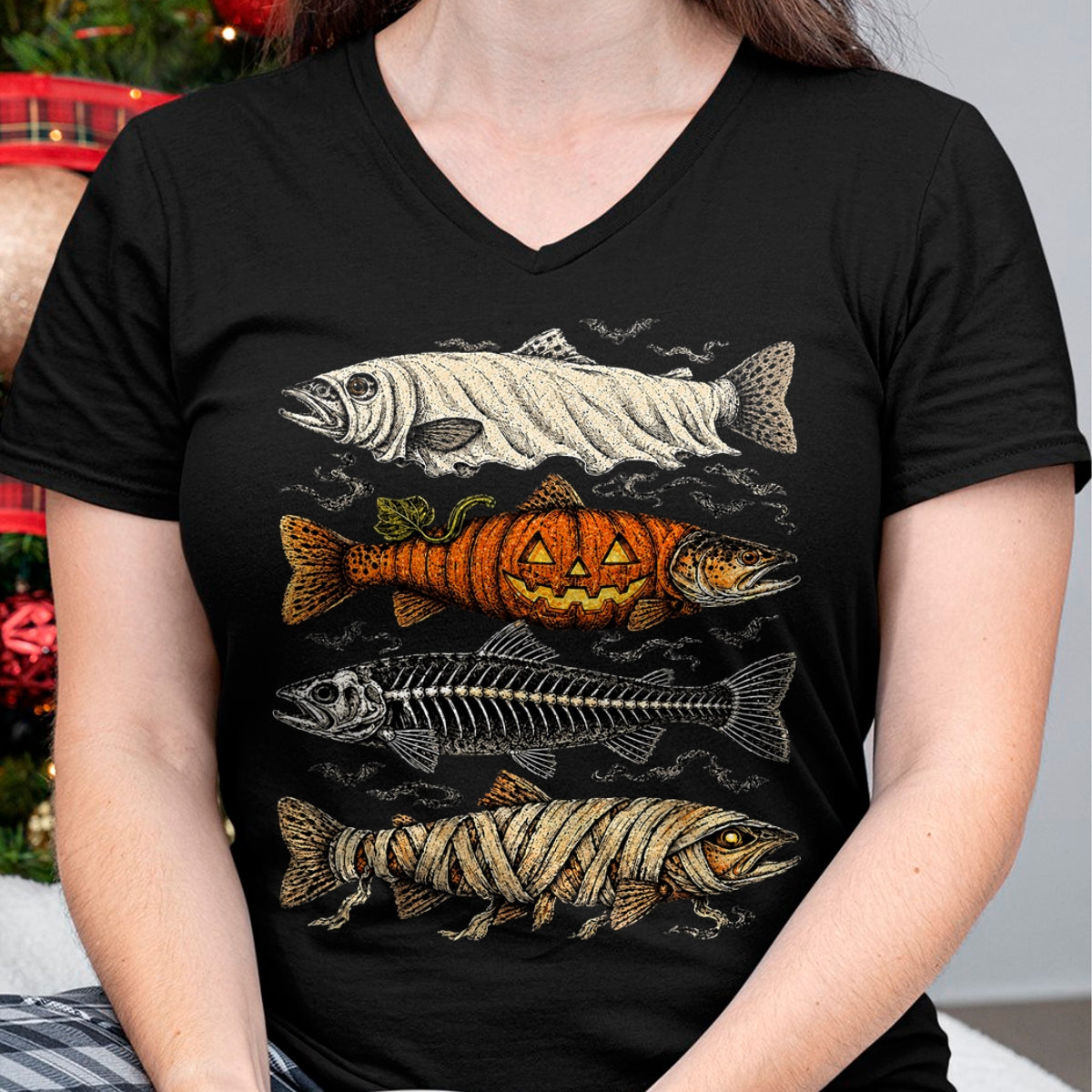 Funny Fishing Shirt, Gift For Fishing Lover Unisex T-Shirt/Hoodie/Sweatshirt HLT00 - Halloween Trout Fish Ghost Pumpkin Skeleton Mummy T-Shirt
