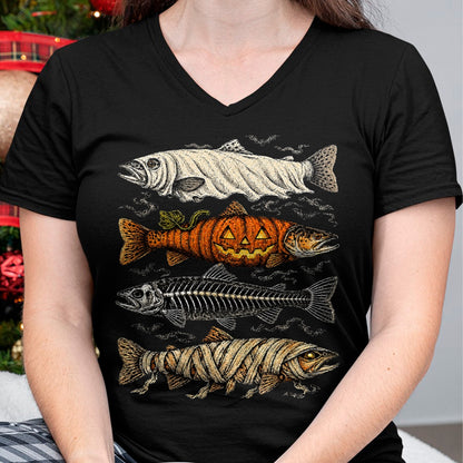 Funny Fishing Shirt, Gift For Fishing Lover Unisex T-Shirt/Hoodie/Sweatshirt HLT00 - Halloween Trout Fish Ghost Pumpkin Skeleton Mummy T-Shirt