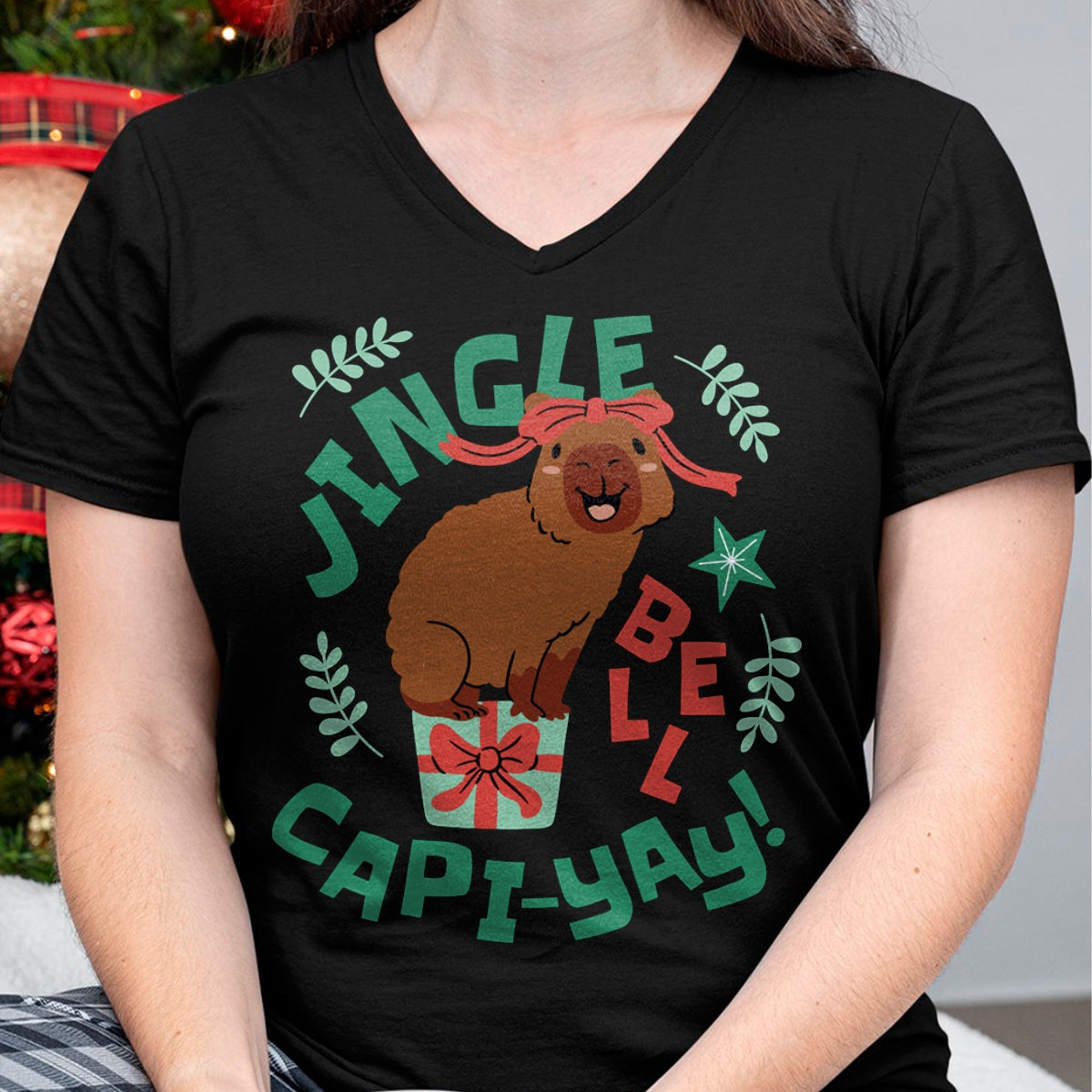 Cute Capybara Shirt, Funny Capybara Unisex T-Shirt/Hoodie/Sweatshirt HLT00 - Festive Capybara Long Sleeve T-Shirt