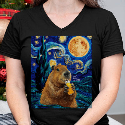 Cute Capybara Shirt, Funny Capybara Unisex T-Shirt/Hoodie/Sweatshirt HLT00 - Capybara in Van Gogh Starry Night Don_t Worry Be Capy Cappy T-Shirt