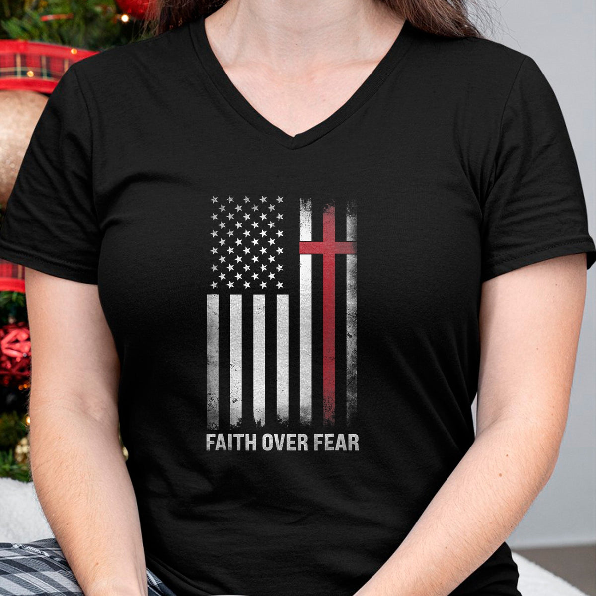 Christian Tee, Christian Faith Unisex T-Shirt/Hoodie/Sweatshirt HLT00 - Christian US USA Flag American Christ Faith Over Fear Cross T-Shirt (1)