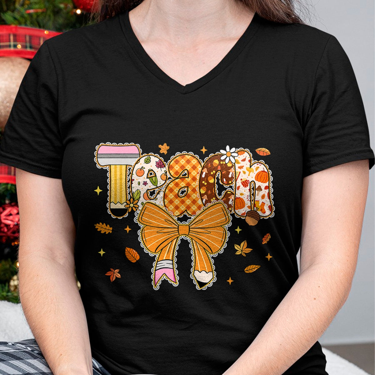 Best Teacher Shirt, Funny Teacher UnisexT-Shirt/Hoodie/Sweatshirt HLT00 - Thanksgiving Teacher Pencil Bow One Thankful Teacher Fall T-Shirt
