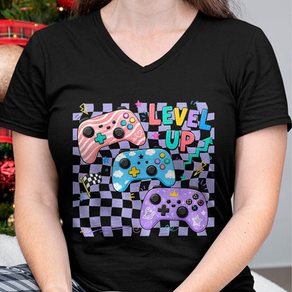 Best Student Shirt, Funny Back To School UnisexT-Shirt/Hoodie/Sweatshirt HLT00 - Retro Checkered Level Up Teacher Gaming Back to School T-Shirt, Women, Black, Large