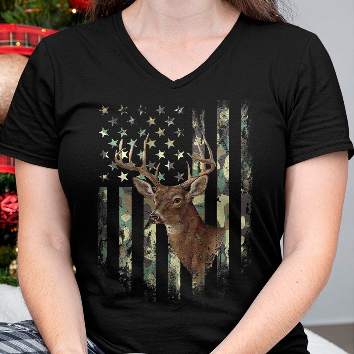 Funny Hunting Shirt, Gift For Hunting Lover Unisex T-Shirt/Hoodie/Sweatshirt HLT00 - American Flag Deer Hunting Camo T-Shirt