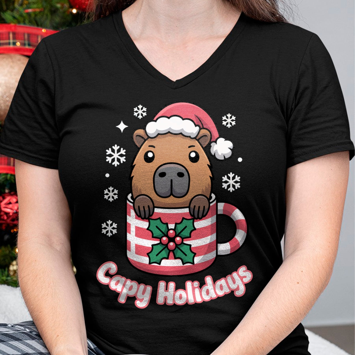 Cute Capybara Shirt, Funny Capybara UnisexT-Shirt/Hoodie/Sweatshirt HLT00 - Capy Holidays Cute Capybara Christmas Santa Hat Long Sleeve T-Shirt
