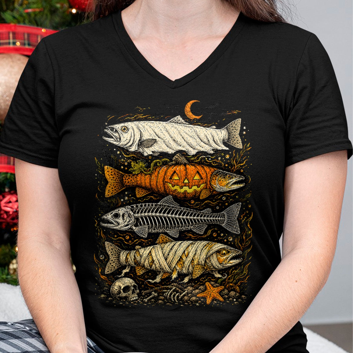 Funny Fishing Shirt, Gift For Fishing Lover Unisex T-Shirt/Hoodie/Sweatshirt HLT00 - Trout Fish Halloween Fishing Fisherman Spooky Season T-Shirt