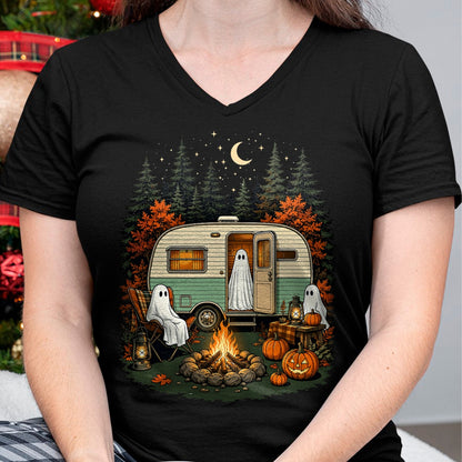 Funny Camping Shirt, Gift For Camping Lover Unisex T-Shirt/Hoodie/Sweatshirt HLT00 - Halloween Ghost Rv Camping Fall Camper Pumpkin Camper Autumn T-Shirt